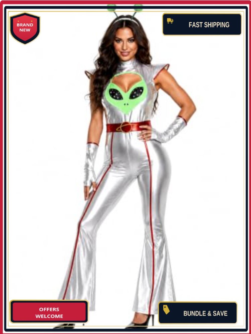 Alien Costume Women Metallic Silver Jumpsuit Halloween Antenna Headband